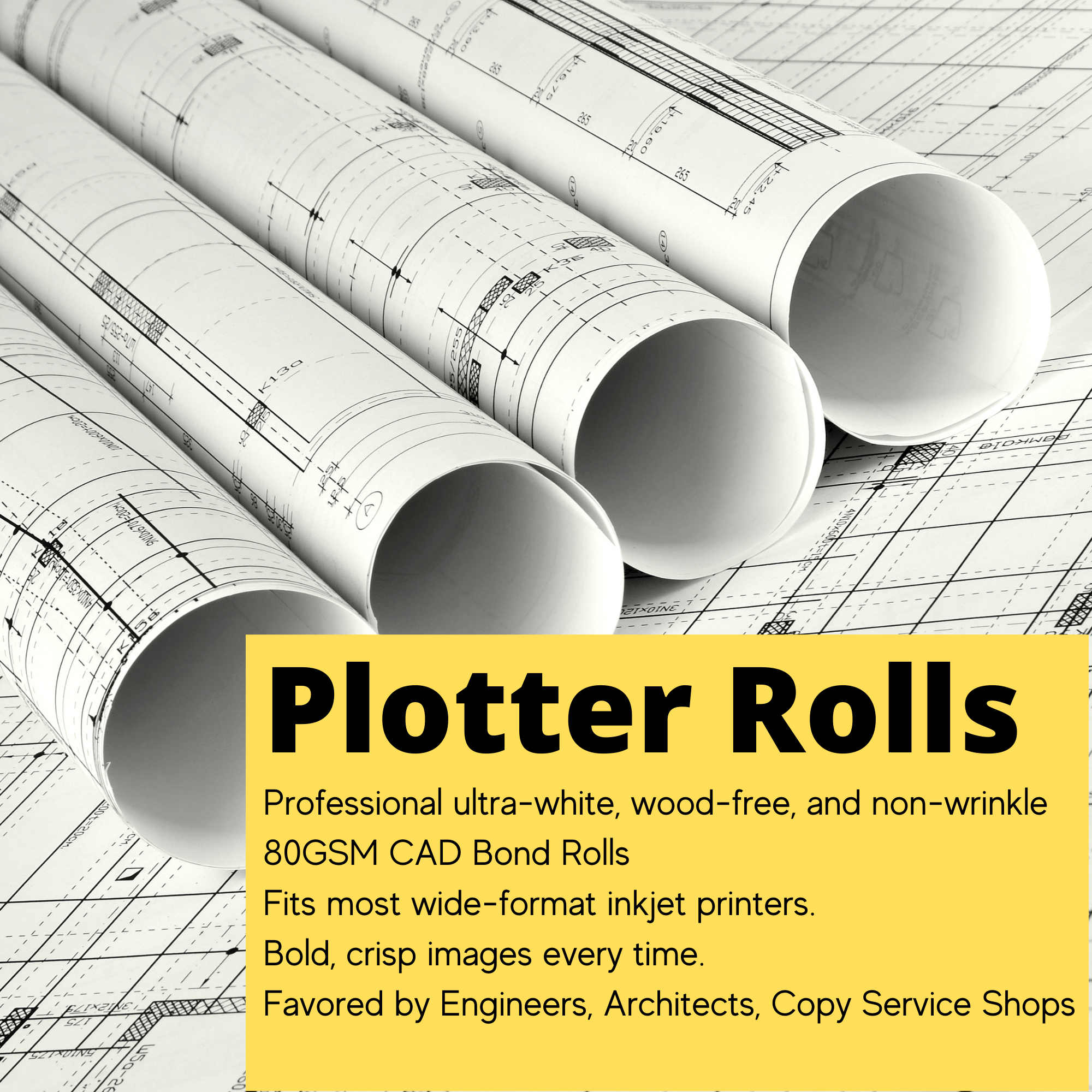 (4 rolls) 24" x 150' Plotter Paper | CAD Paper Rolls | Ink Jet Bond Paper Rolls With 2” Core | Ultra-White, Wood-Free 80GSM 20LB Plotter Paper For Engineers, Architects, Copy Service Shops (4 ROLLS)